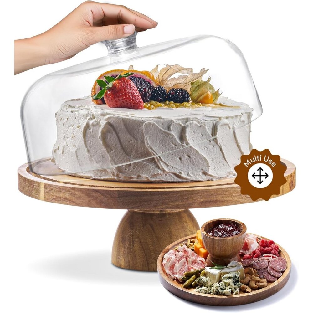 Acacia Wood Cake Stand with Glass Dome